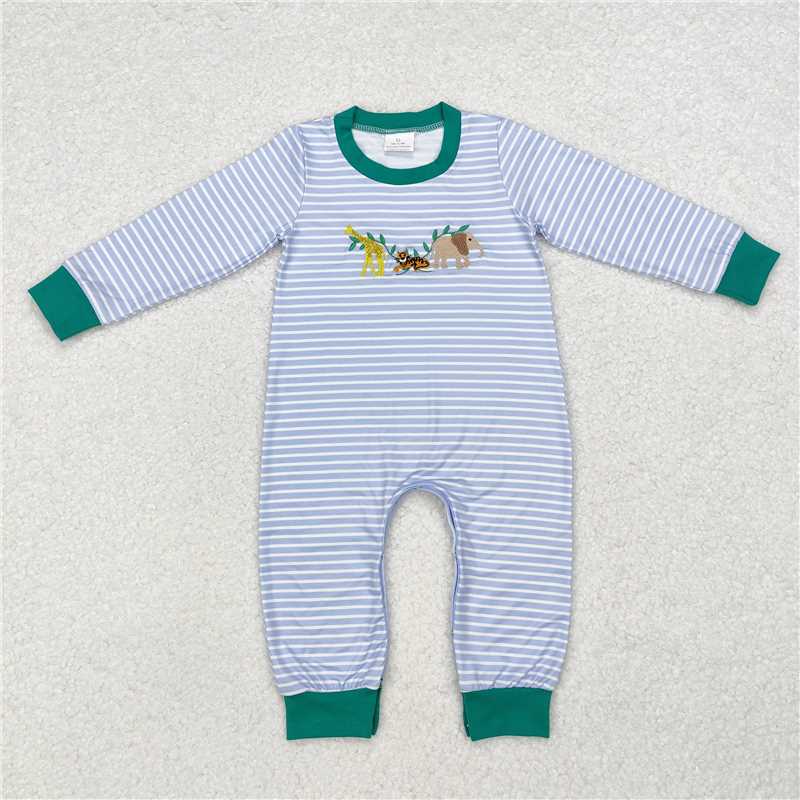 RTS LR1616 Embroidery animal giraffe tiger elephant striped blue green long sleeve jumpsuit