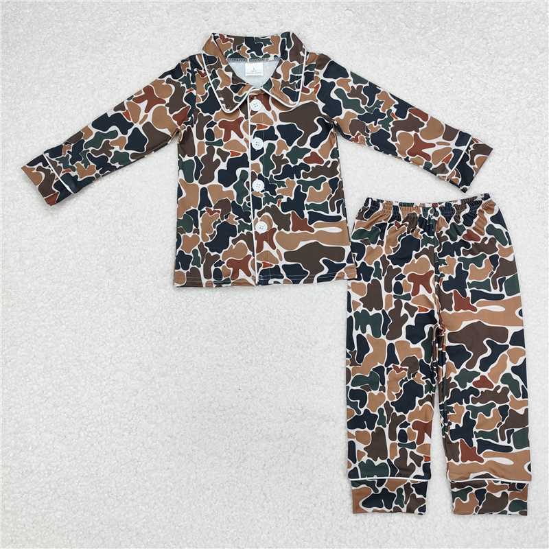 BLP0704Brown camo long sleeves children button down pajamas