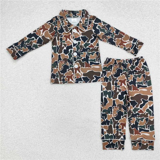 BLP0704Brown camo long sleeves children button down pajamas