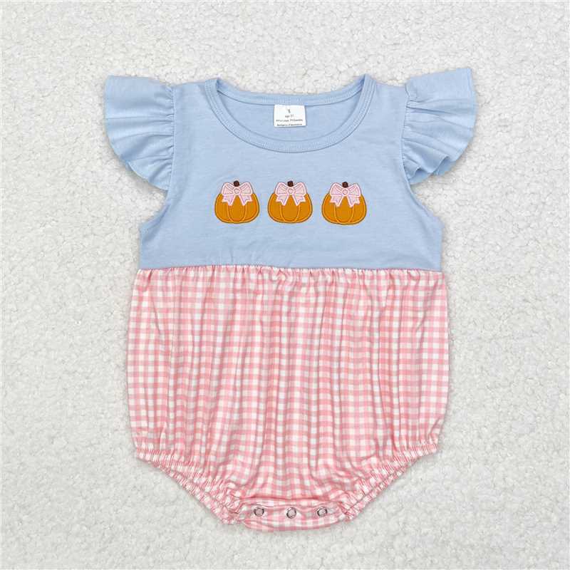 10.27 RTS NO MOQ (In stock) Matching SR1962 Baby Infant Girls Blue Pumpkins Flutter Sleeve Rompers