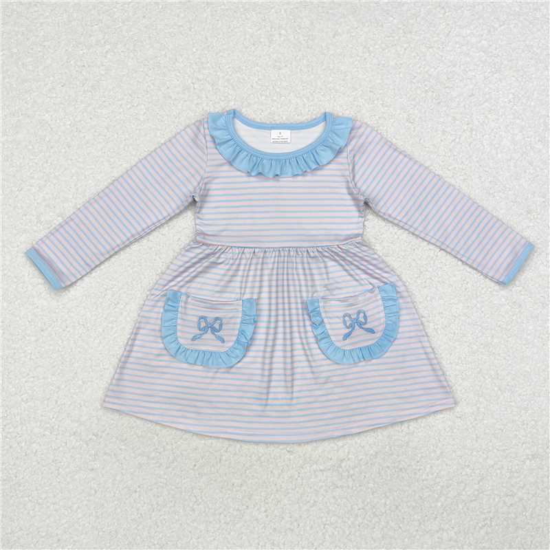 GLD0679 Baby Girls Pink Stripes Bows Pockets Knee Length Dresses