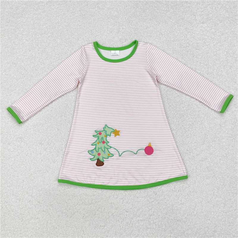 11.22 RTS NO MOQ (In stock)GLD0704 Baby Girls Christmas Pink Stripes Tree Knee Length Dresses