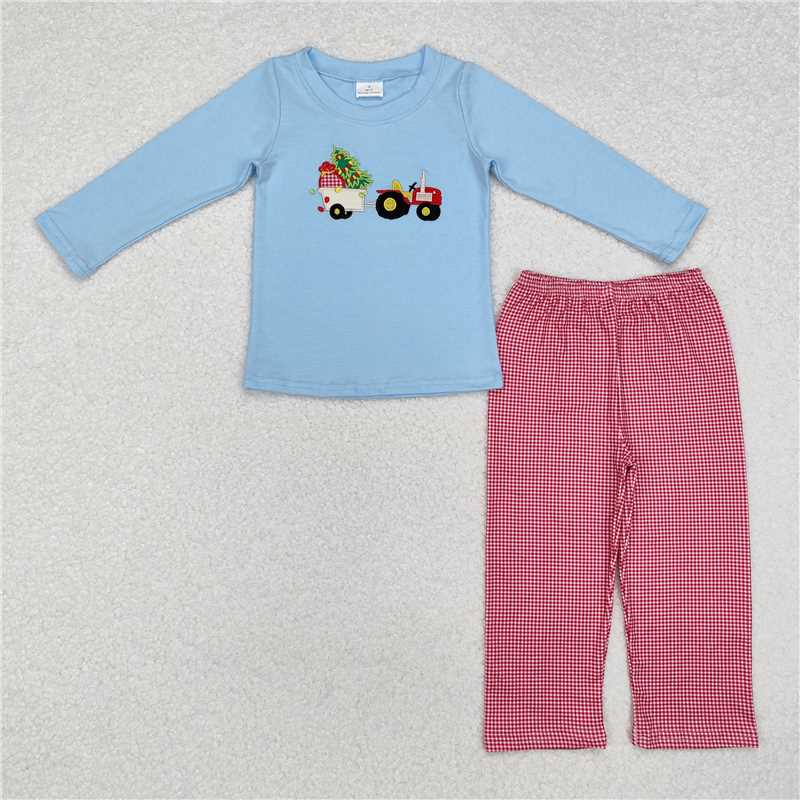BLP0745Christmas tree truck top plaid pants boys clothes