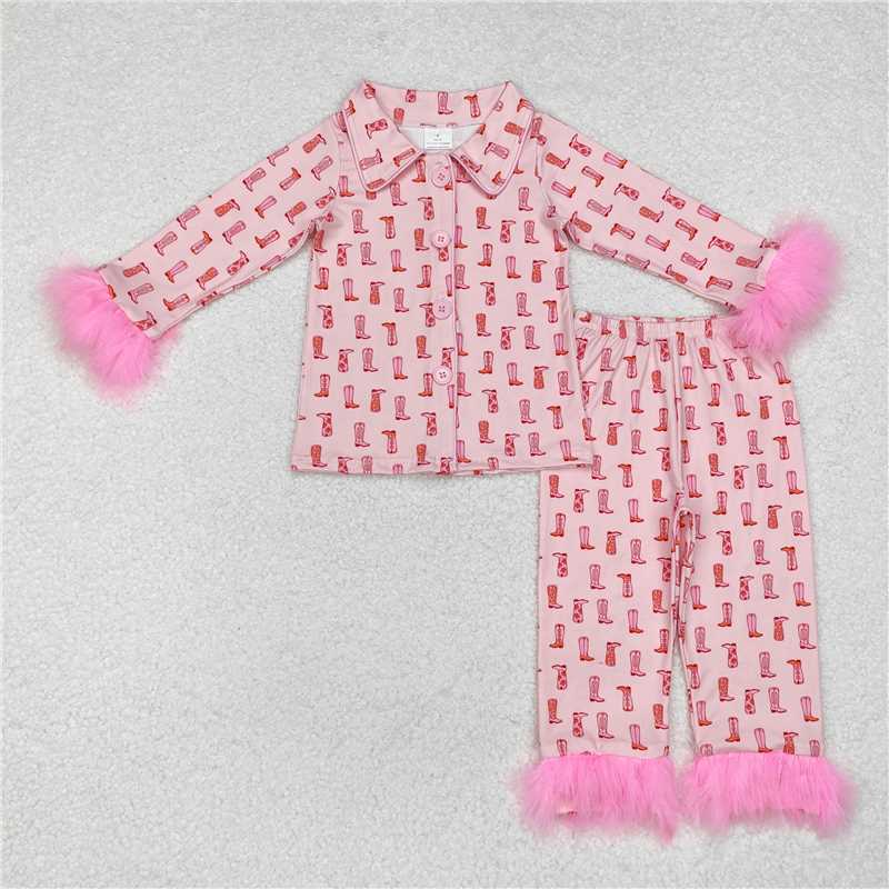 10.20 RTS NO MOQ (In stock)Matching GLP1868 Baby Girls Western Pink Boots Fur Top Pants Pajamas Clothes Sets