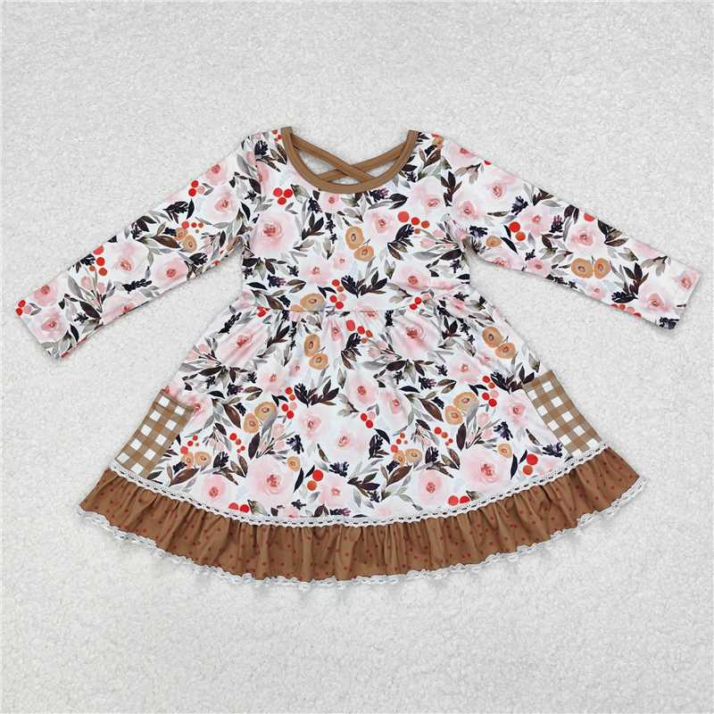 GLD0530 Baby Girls Fall Pumpkin Ruffle Checkered Knee Length Dresses