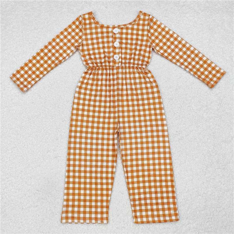 12.12 RTS NO MOQ (In stock)Matching LR1840 Baby Girls Khaki Checkered Long Sleeve Fall Jumpsuits
