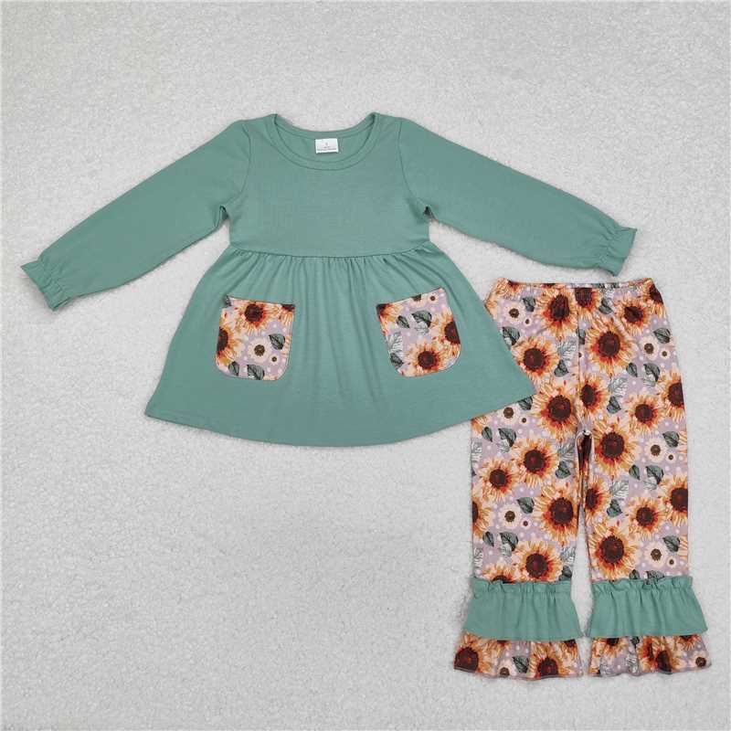 GLP1612Long sleeves pockets tunic sunflower pants girls clothing