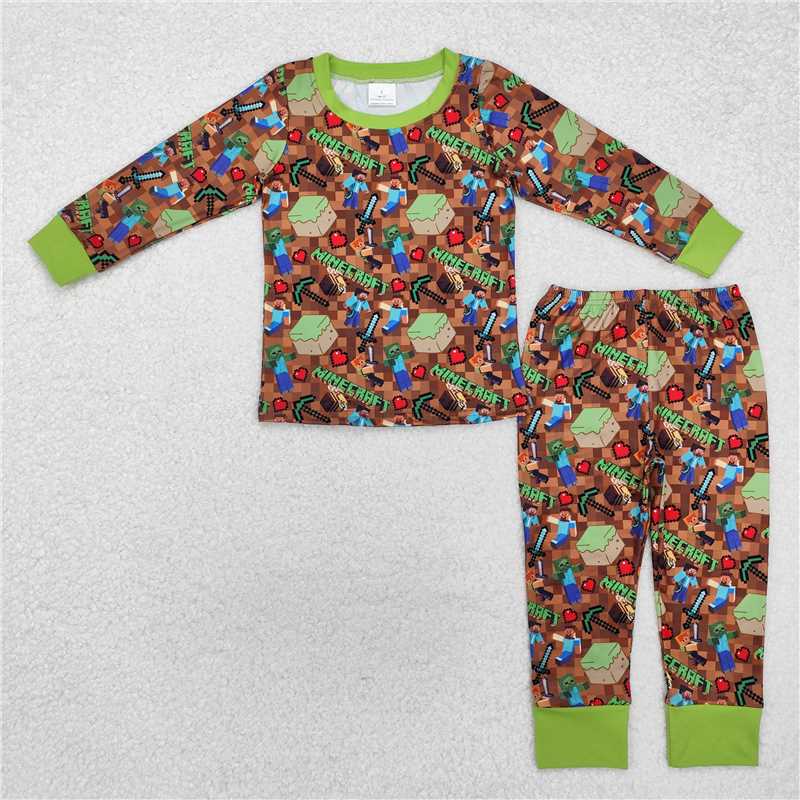 BLP1024+BSSO0078 Baby boy game green top pants pajamas set and short-sleeved shorts set