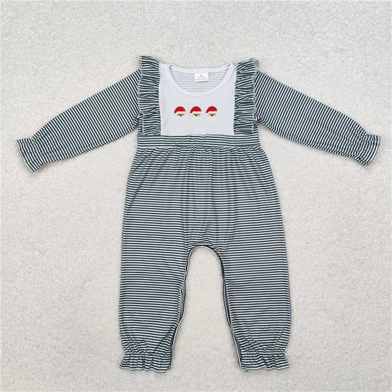 12.1 RTS NO MOQ (In stock)LR1586 Baby Infant Girls Christmas Green Stripes Santa Rompers