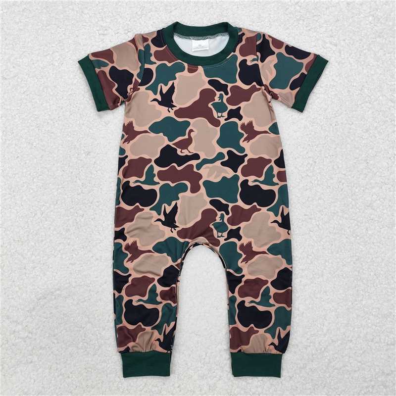 SR1816 Sibling Baby Boys Dark Green Pocket Top Duck Camo Rompers Clothes Sets