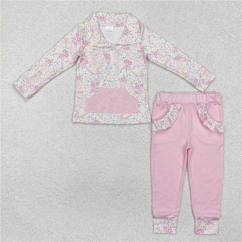 GLP2118Pink floral pocket zip pullover pants girls clothing set