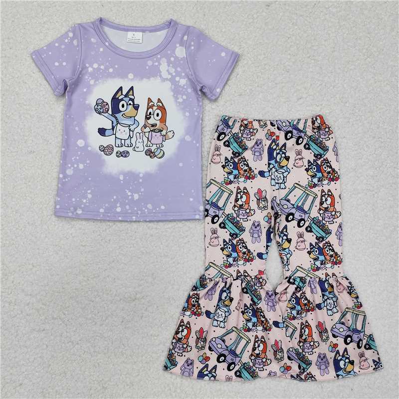 12.23 RTS NO MOQ (In stock)GSPO1788 Baby Girls Dog Easter Rabbits Shirt Bell Pants Clothes Sets