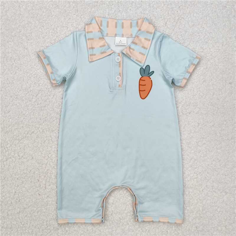 12.23 RST Sibling Baby Boys Blue Checked Carrots Easter Button Shorts Rompers