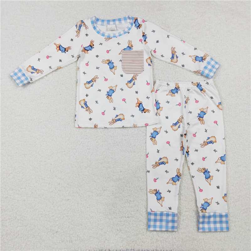 12.26 RTS NO MOQ (In stock)BLP1046 Baby Boys Easter Bunny Pocket Top Pants Pajamas Clothing Sets