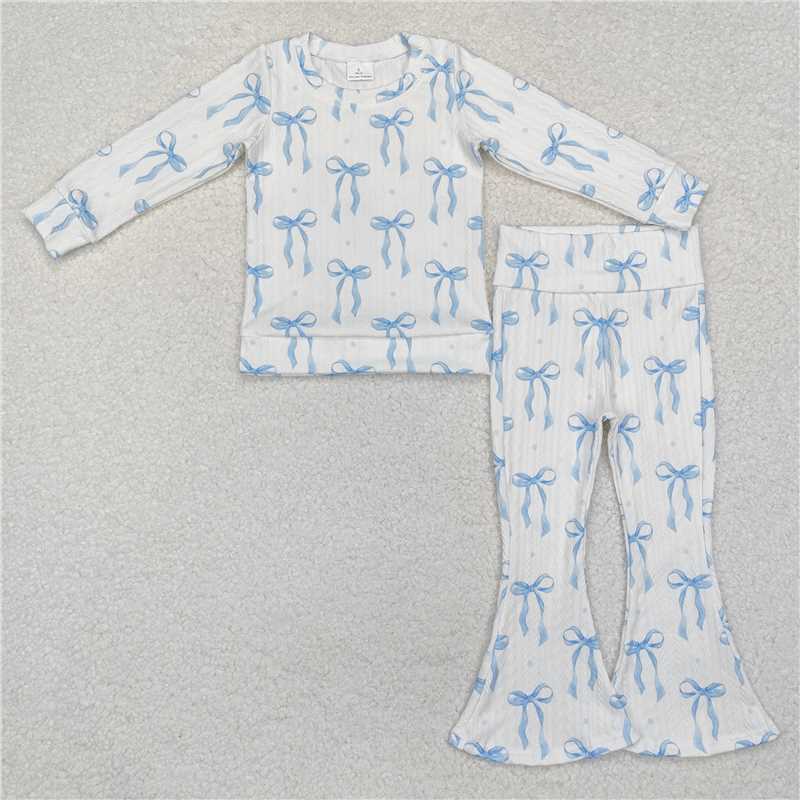 11.26 RTS NO MOQ (In stock)Matching GLP2143 Baby Girls Blue Bows Cable Print Shirt Bell Pants Clothes Sets