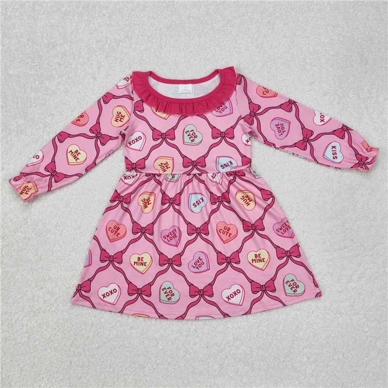 11.28 RTS NO MOQ (In stock)Matching Valentines GLD0987 Baby Girls Valentines xoxo Hearts Bows Knee Length Dresses