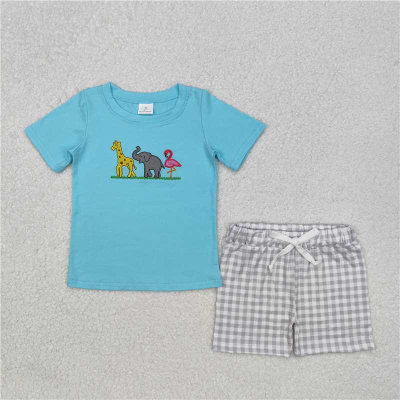 BSSO1019 Giraffe elephant flamingo top plaid shorts boys clothing