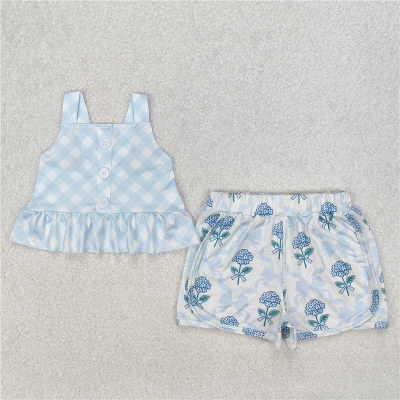 11.26 RTS NO MOQ (In stock)Matching GSSO2078 Baby Girls Blue Checkered Straps Top Flowers Shorts Clothes Sets