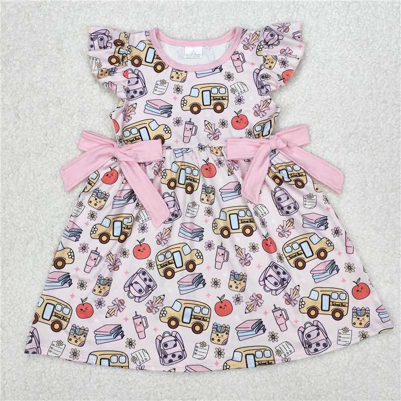 12.27 RTS NO MOQ (In stock)GSD1819 Baby Girls Pencil Pink Bow Back To School Knee Length Dresses