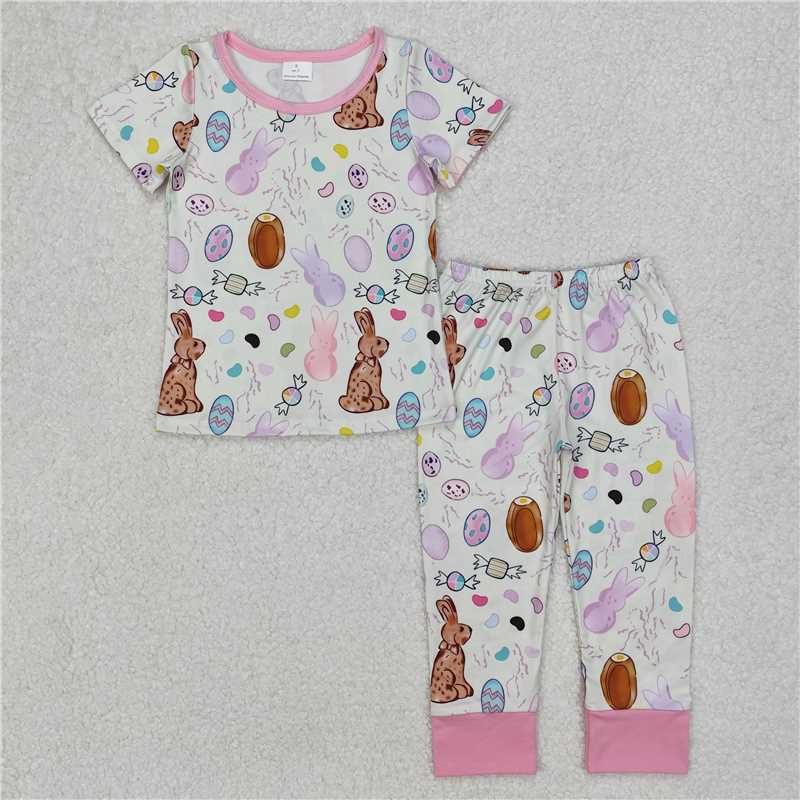 12.23 RTS NO MOQ (In stock)GSPO1960 Baby Girls Easter Rabbits Eggs Shirt Pants Pajamas