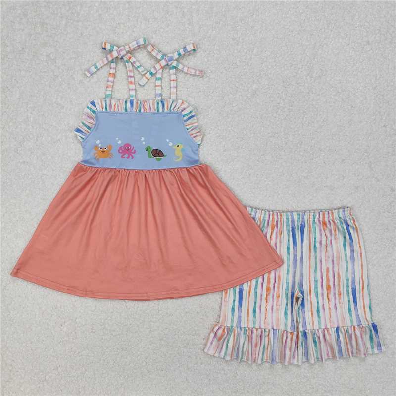 12.26 RTS NO MOQ (In stock)Matching GSSO2016 Baby Girls Sea Animals Tunic Ruffle Shorts Sets