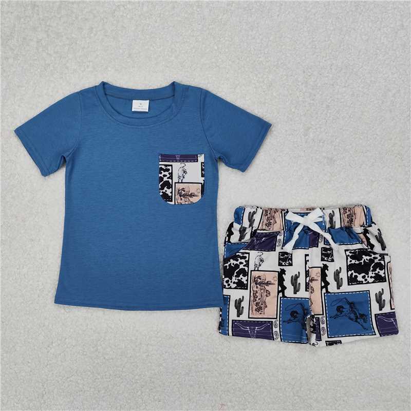 12.25 RTS NO MOQ (In stock)Matching BSSO1286 Baby Boys Western Blue Pocket Top Rodeo Shorts Clothes Sets