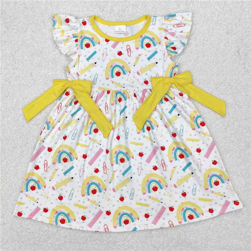 12.27 RTS NO MOQ (In stock)GSD1823 Baby Girls Rainbow Back To School Bows Knee Length Dresses