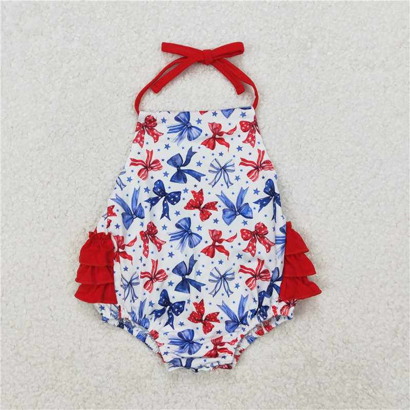 1.5 RTS NO MOQ (In stock)SR2591 4th of July Baby Infant Girls 4th of July Bows Halter Rompers