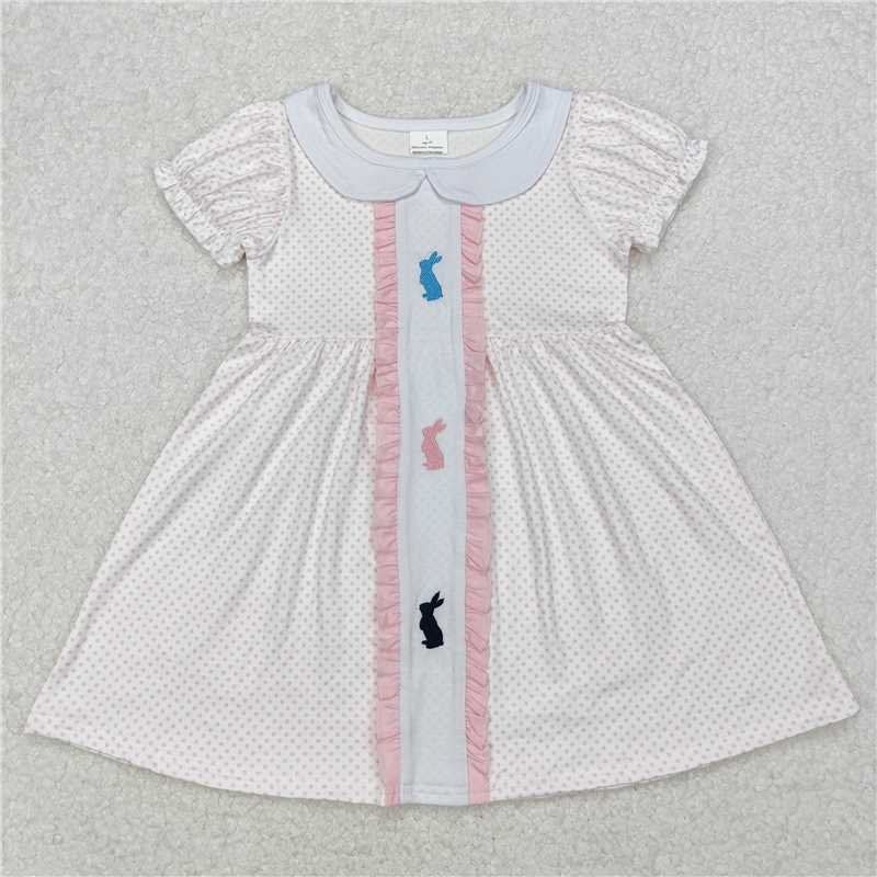 12.24 RTS NO MOQ (In stock)GSD1771 Baby Girls Easter Rabbits Polka Dots Knee Length Dresses