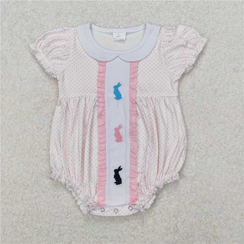 12.24 RTS NO MOQ (In stock)SR2545 Baby Infant Girls Easter Rabbits Polka Dots Rompers