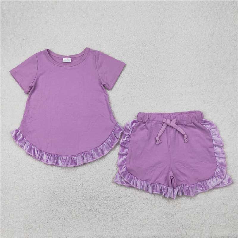 12.19 RTS NO MOQ (In stock)Matching GSSO2184 Baby Girls Lavender Cotton Top Ruffle Shorts Clothes Sets