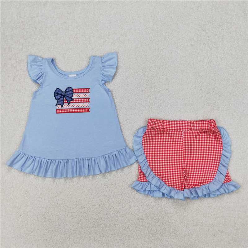 1.6 RTS NO MOQ (In stock)GSSO1822 4th of July Baby Girls Flags Bows Tunic Ruffle Shorts Clothes Sets