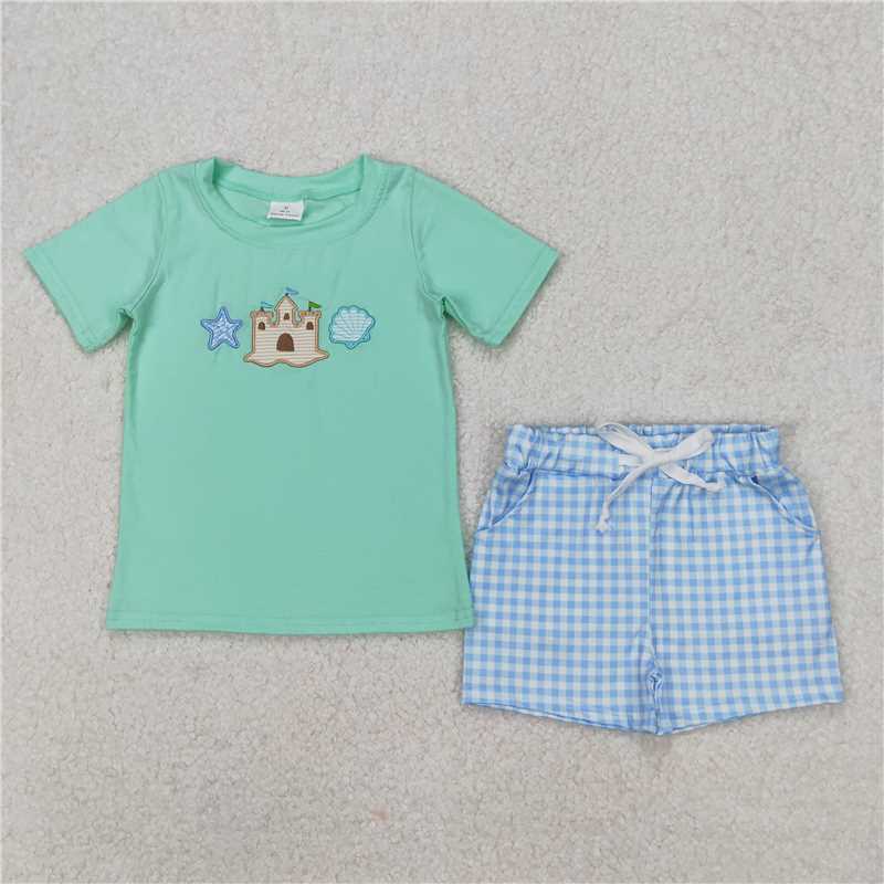 12.30 RTS NO MOQ (In stock)Matching BSSO1266 Baby Boys Beach Castle Shirt Shorts Sets