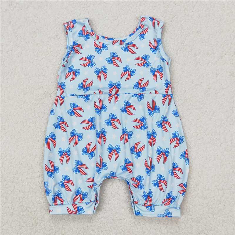 1.6 RTS NO MOQ (In stock)SR2729 4th of July Baby Infant Girls 4th Of July Bows Summer Rompers