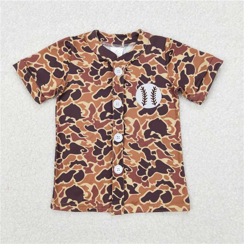 10.29 RTS NO MOQ (In stock)Matching BT1102 Embroidery Baseball Baby Boys Brown Camo Button Team Short Sleeve Shirts Tops