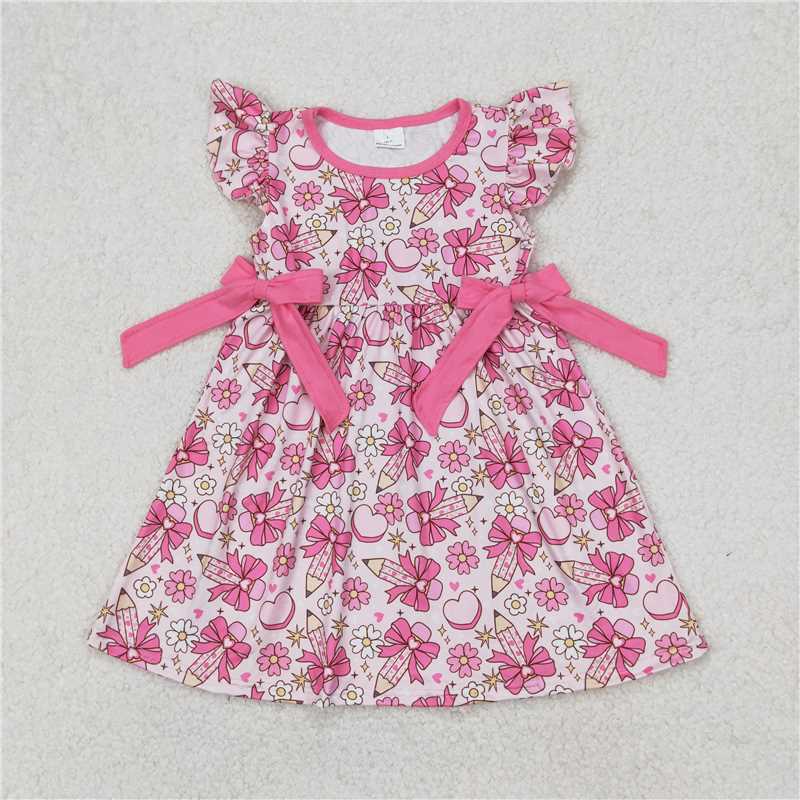 12.27 RTS NO MOQ (In stock)GSD1820 Baby Girls Pencile Bow Back To School Bows Knee Length Dresses