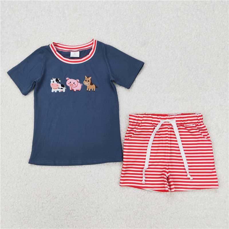 11.14 RTS NO MOQ (In stock)Matching BSSO1295 Baby Boys Blue Farm Animals Shirt Stripes Shorts Clothes Sets