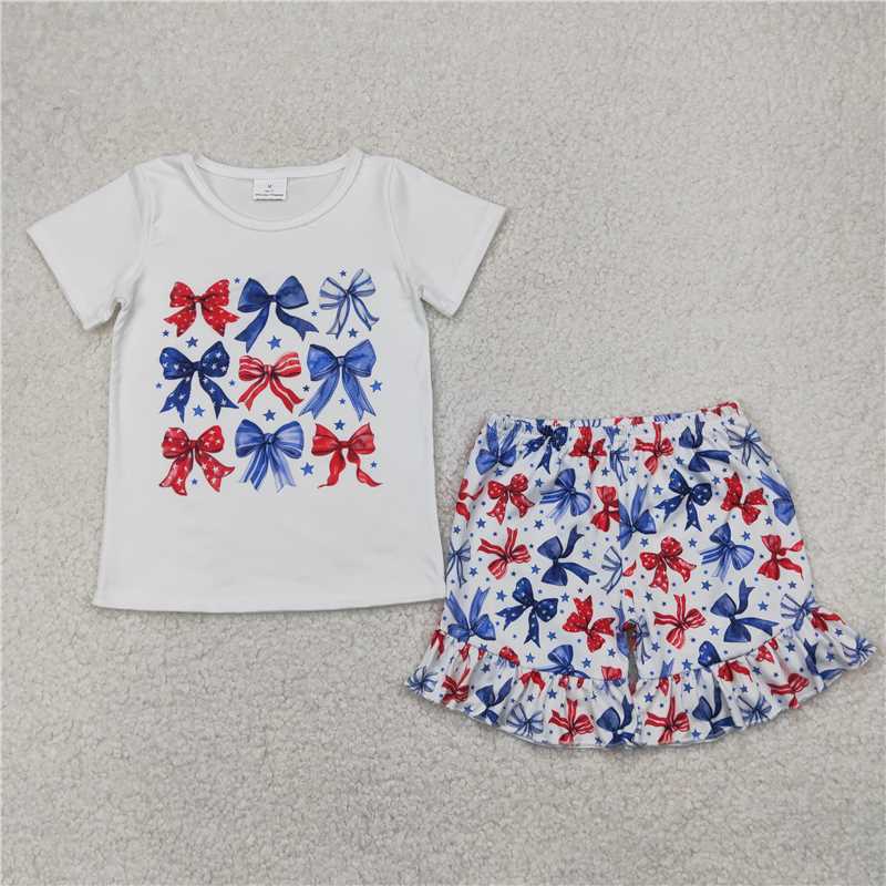 1.6 RTS NO MOQ (In stock)GSSO2512 4th of July Baby Girls Blue Red Bows Stars Top Ruffle Shorts 4th Of July Sets