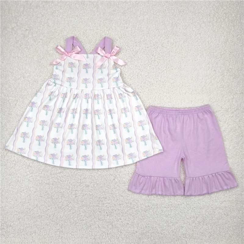 12.19 RTS NO MOQ (In stock)Matching GSSO2430 Baby Girls Lavender Strap Floral Stripe Tunic Ruffle Shorts Sets