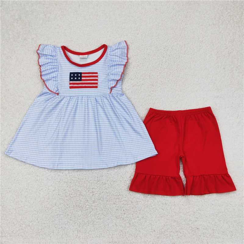 1.6 RTS NO MOQ (In stock)GSSO2238 4th of July Embroidery Baby Girls Blue Checkered Flag Tunic Top Ruffle Shorts Clothes Sets