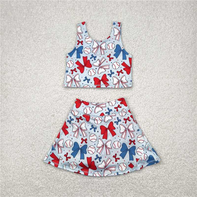 11.27 RTS NO MOQ (In stock)Matching GSD2151 Baby Girls 4th Of July Bows Baseball Yoga Vest Skort Active Wear Sets