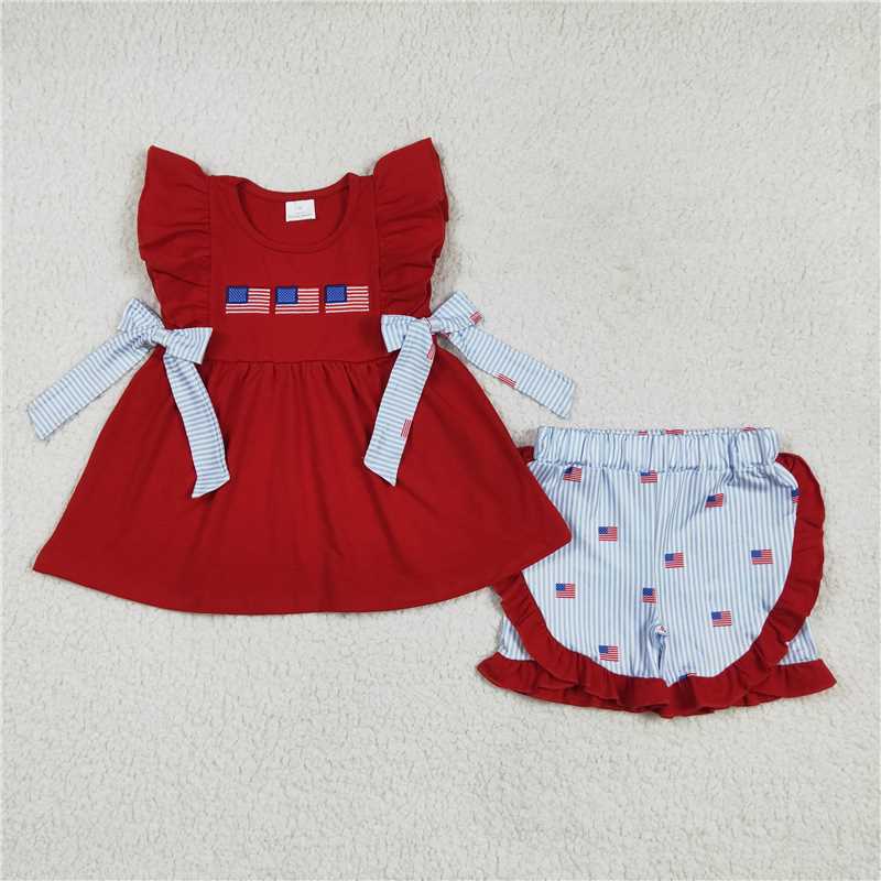 1.6 RTS NO MOQ (In stock)GSSO2375 4th of July Embroidery Baby Girls Red Flags Bows Tunic Stripe Ruffle Short 4th Of July Sets