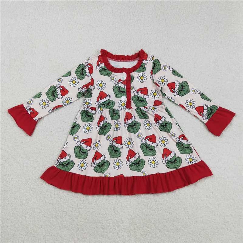 12.1 RTS NO MOQ (In stock)Matching Christmas GLD1230 Baby Girls Button Christmas Green Face Flowers Knee Length Dress
