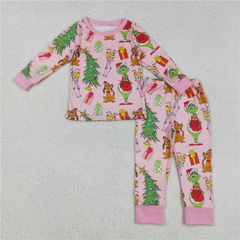 12.5 RTS NO MOQ (In stock)GLP2591 Baby Girls Christmas Face Trees Gifts Top Pants Pajamas Sets