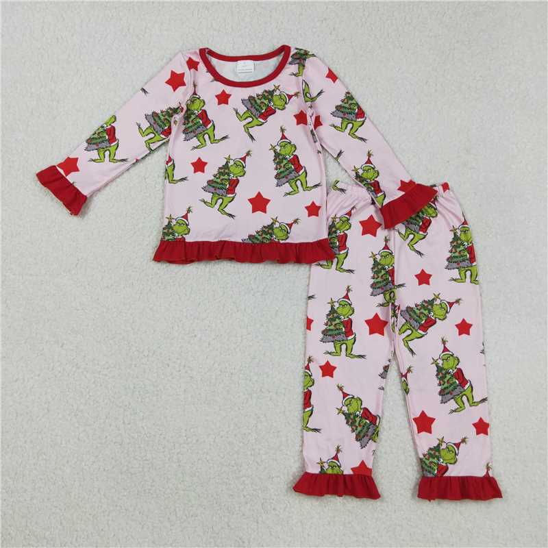 12.5 RTS NO MOQ (In stock)GLP2646 Baby Girls Christmas Green Face Trees Top Pants Pajamas Sets
