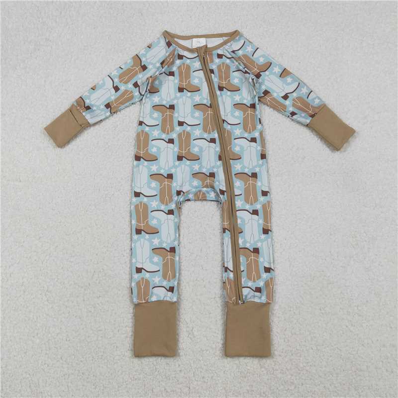 11.1 RTS NO MOQ (In stock)Matching LR2734 Baby Boys Boots Stars Plaid Western Two Way Zip Convertible Rompers