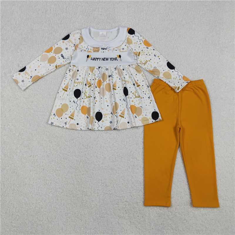 10.31 RTS NO MOQ (In stock)Matching Happy New Year GLP2901 Embroidery Happy New Baby Girls Year Balloons Tunic Leggings Clothes Sets