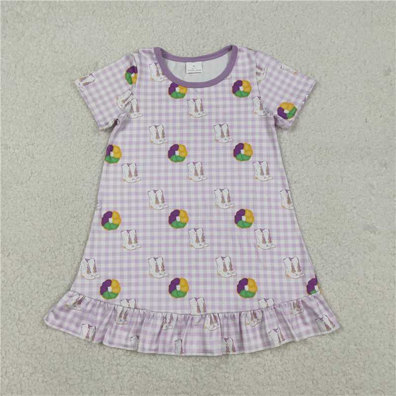 12.13 RTS NO MOQ (In stock)Matching Mardigras GSD2900 Baby Girls Mardigras Boots Donuts Checked Ruffle Knee Length Dresses