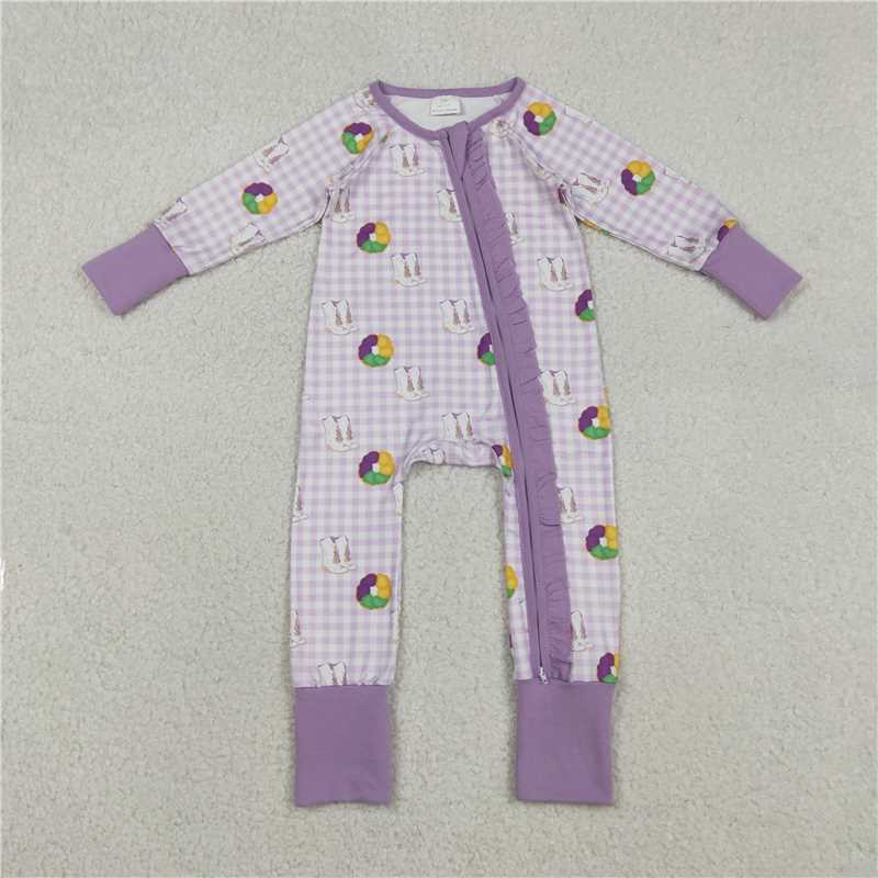 12.13 RTS NO MOQ (In stock)Matching Mardigras LR2783 Baby Girls Mardigras Boots Donuts Checked Two Way Ruffle Zip Convertible Rompers
