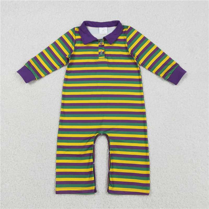 12.20 RTS NO MOQ (In stock)LR2679 Baby Girls Purple Yellow Green Stripe Button Mardigras Button Footie Romper